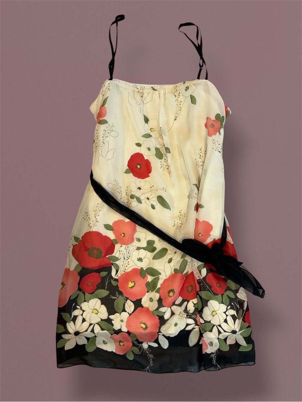 Ginger G Floral Poppy Chiffon Slip Dress Size 6 Black Red Mini Cami Sash Belted